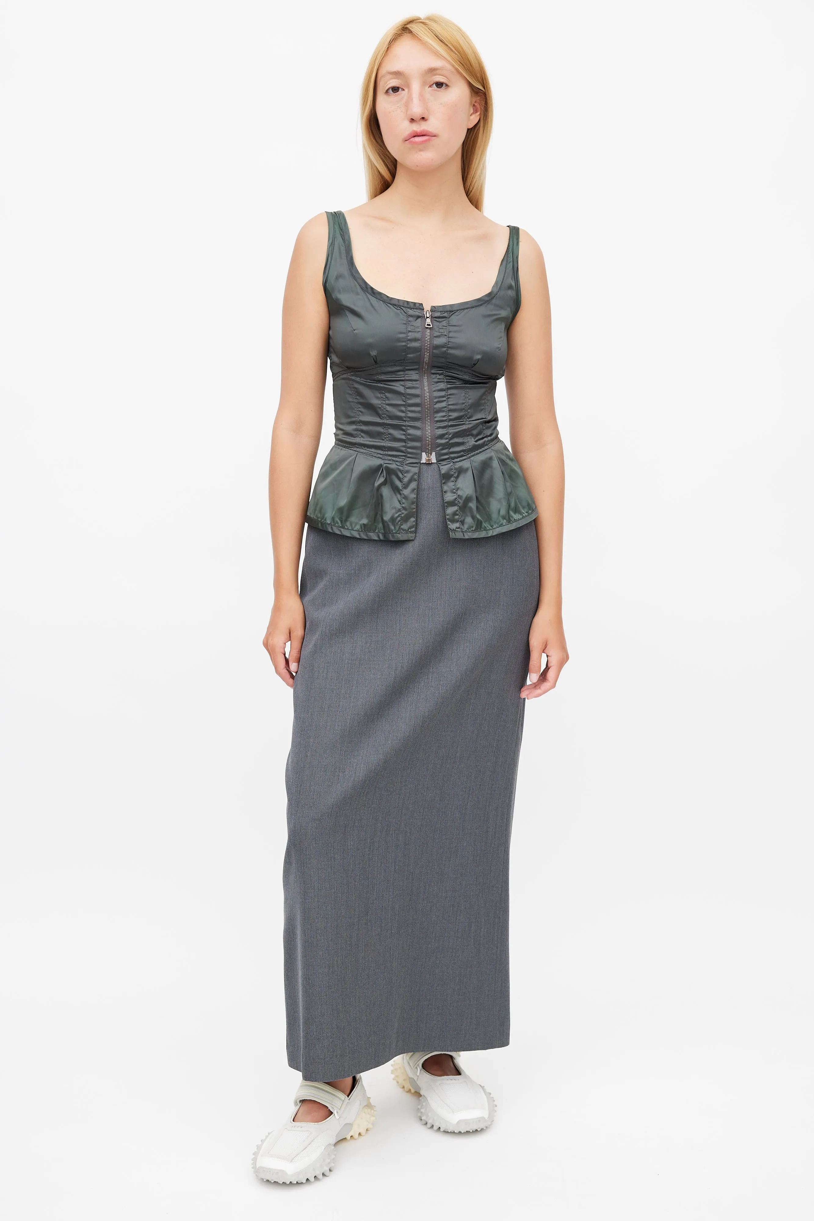 1990s Green Nylon Zip Corset Top