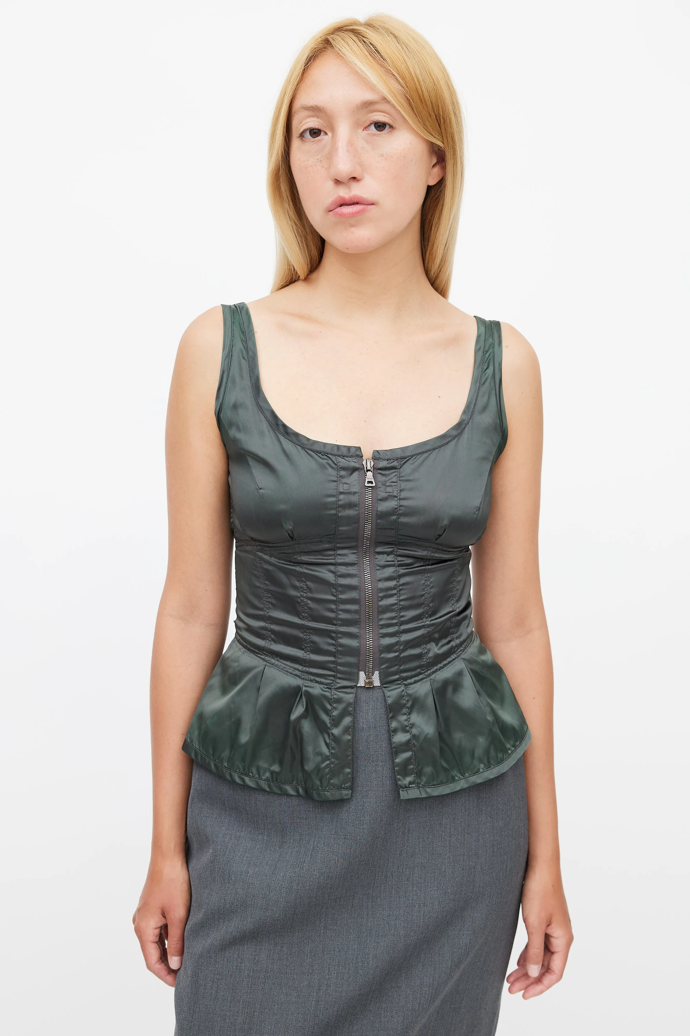 1990s Green Nylon Zip Corset Top