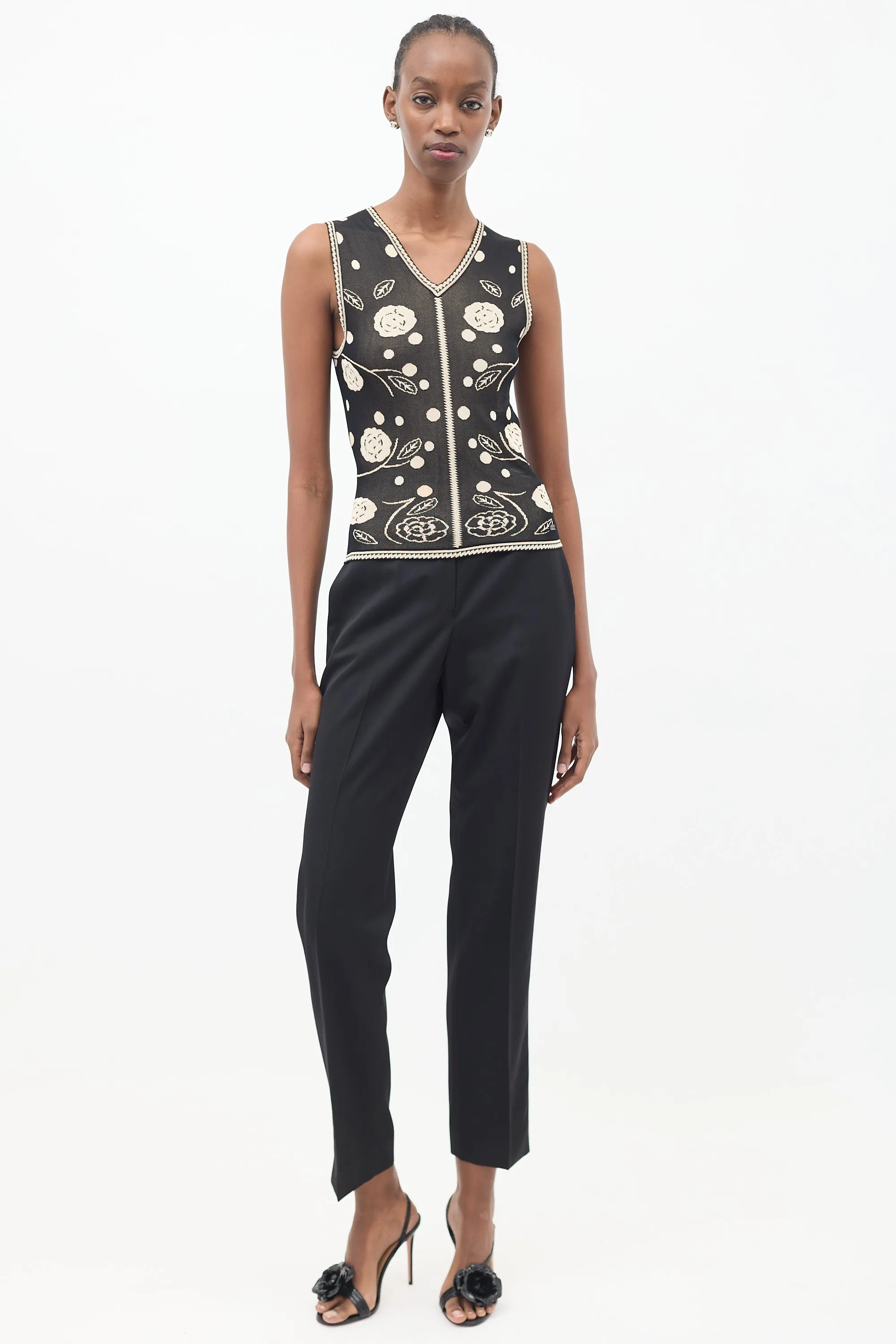 Black & Beige Knit Camellia Tank