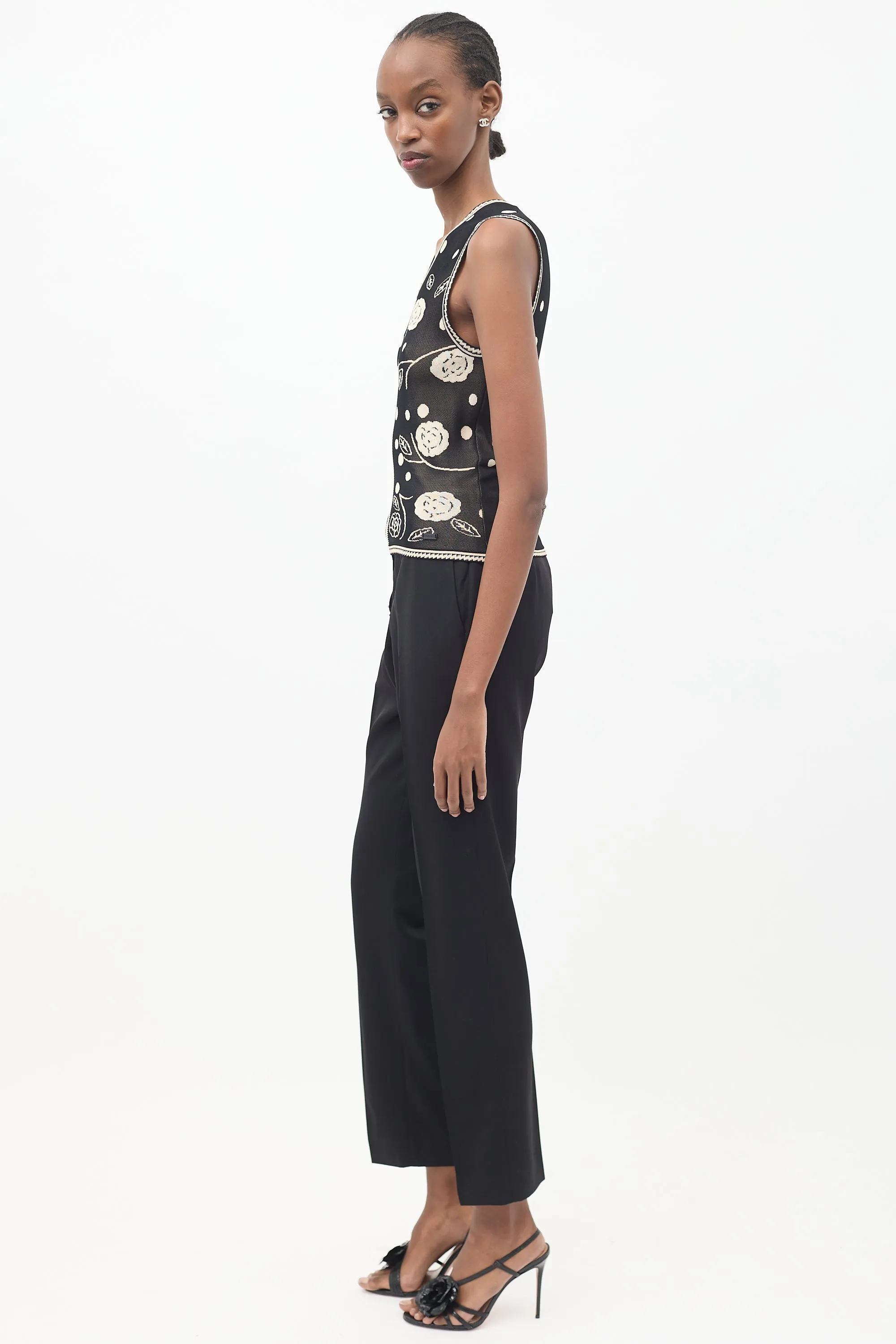Black & Beige Knit Camellia Tank