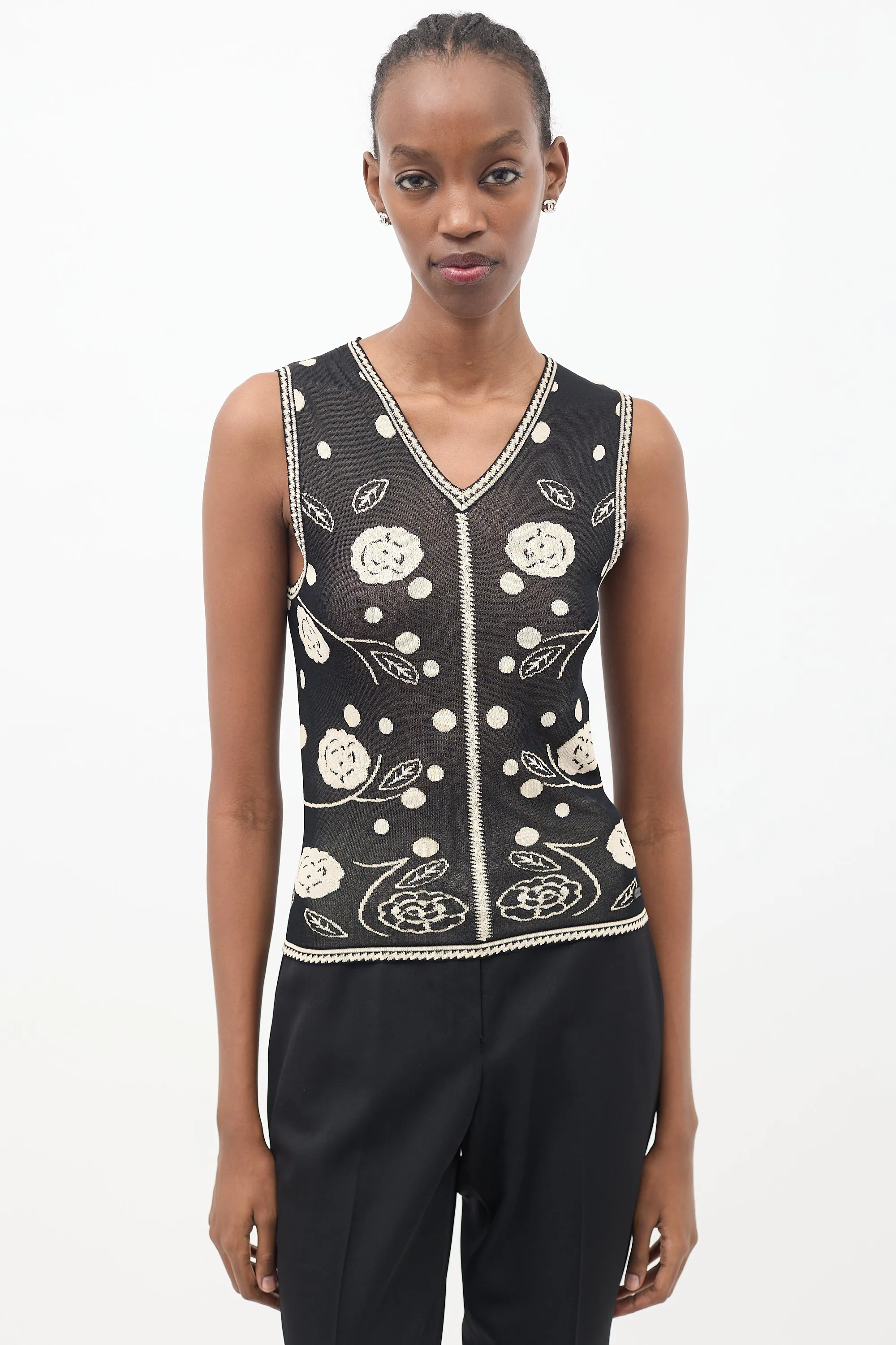 Black & Beige Knit Camellia Tank