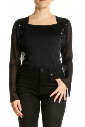 Black Sequined Sheer Sleeve Crop Top