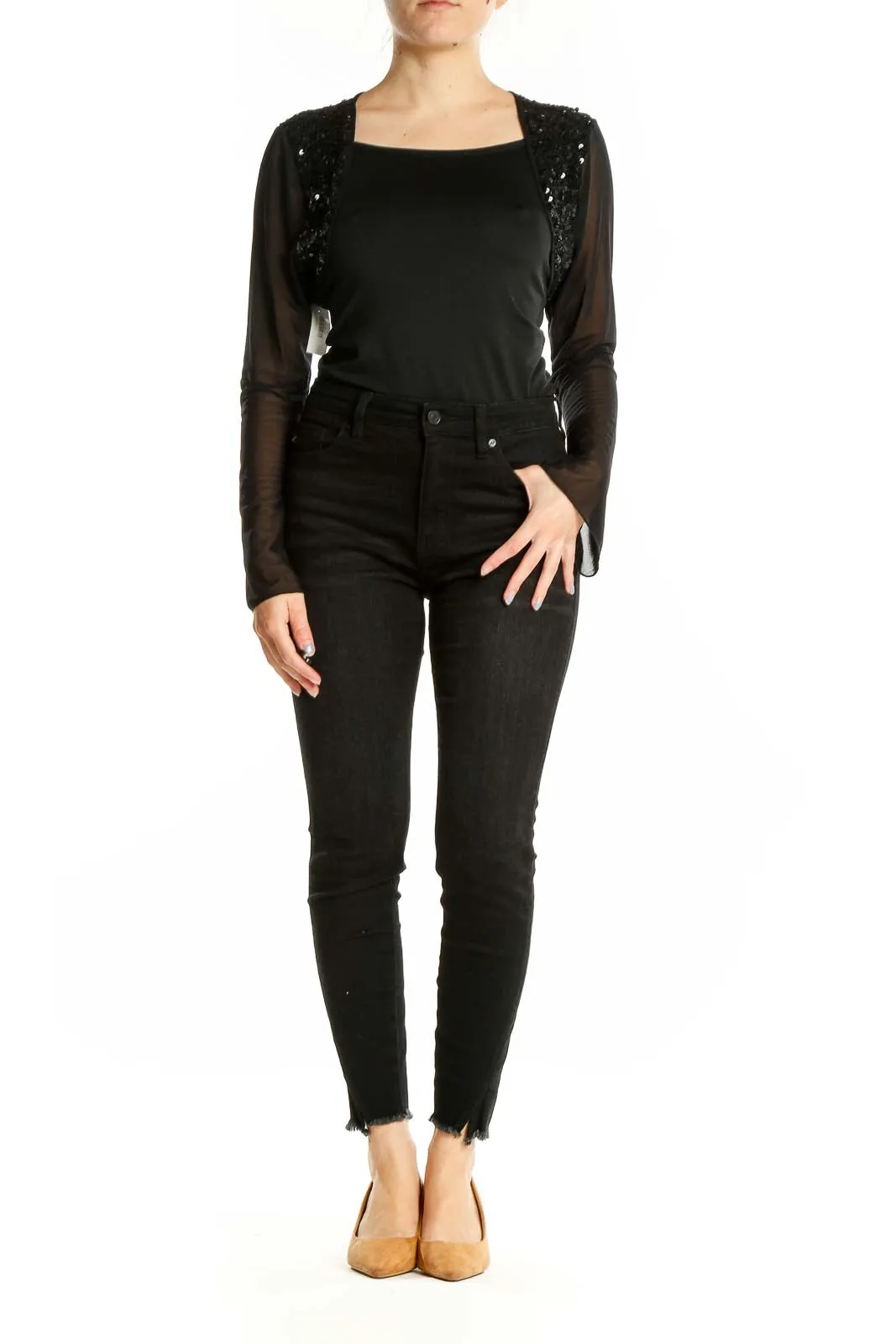 Black Sequined Sheer Sleeve Crop Top