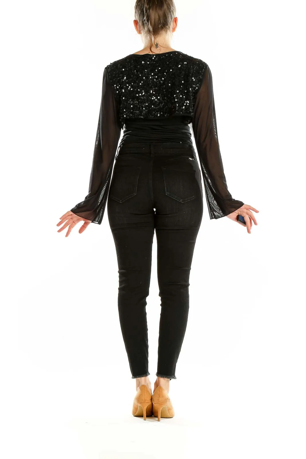 Black Sequined Sheer Sleeve Crop Top