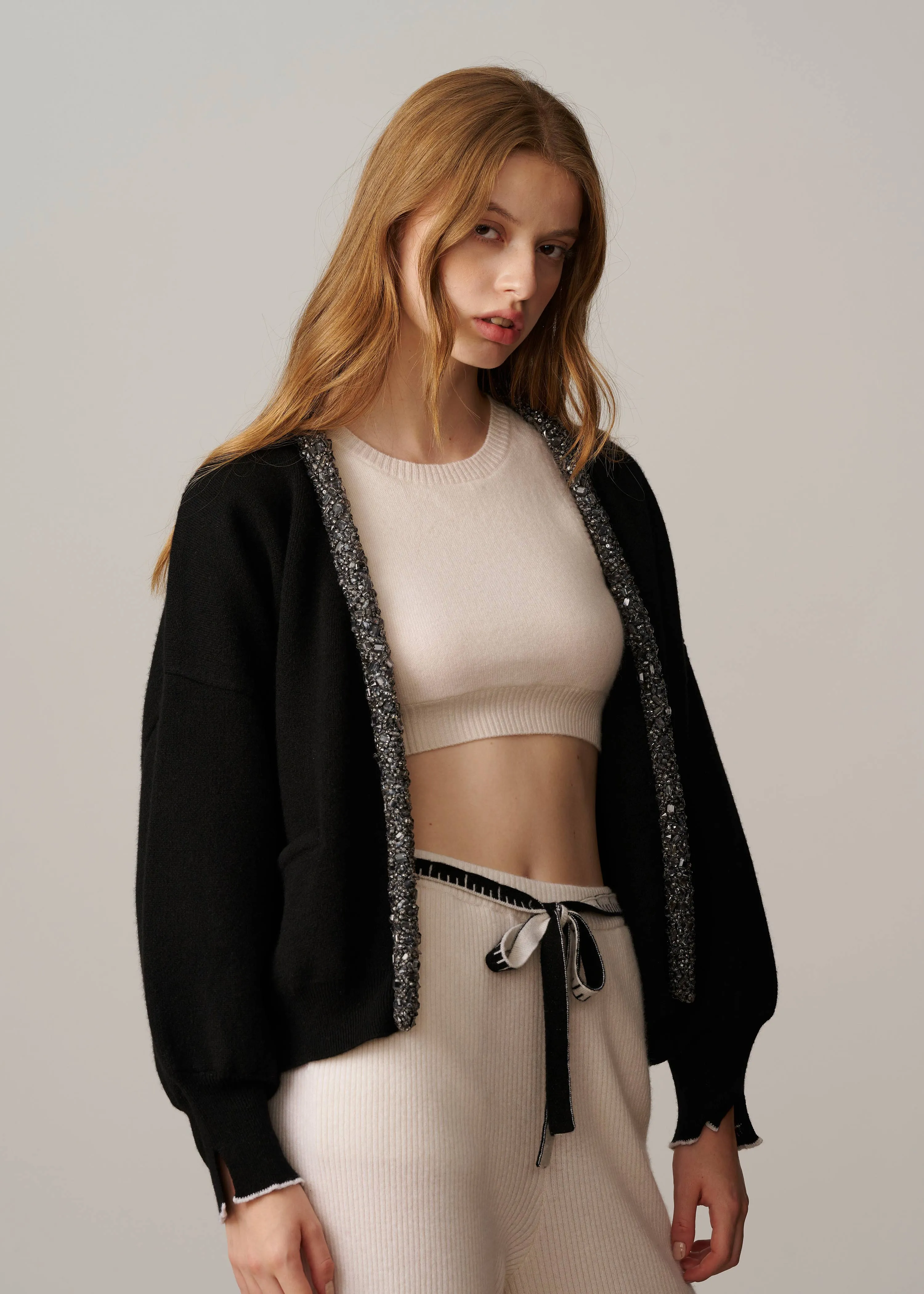 Elizabeth Crystal Trim Cardigan - Black