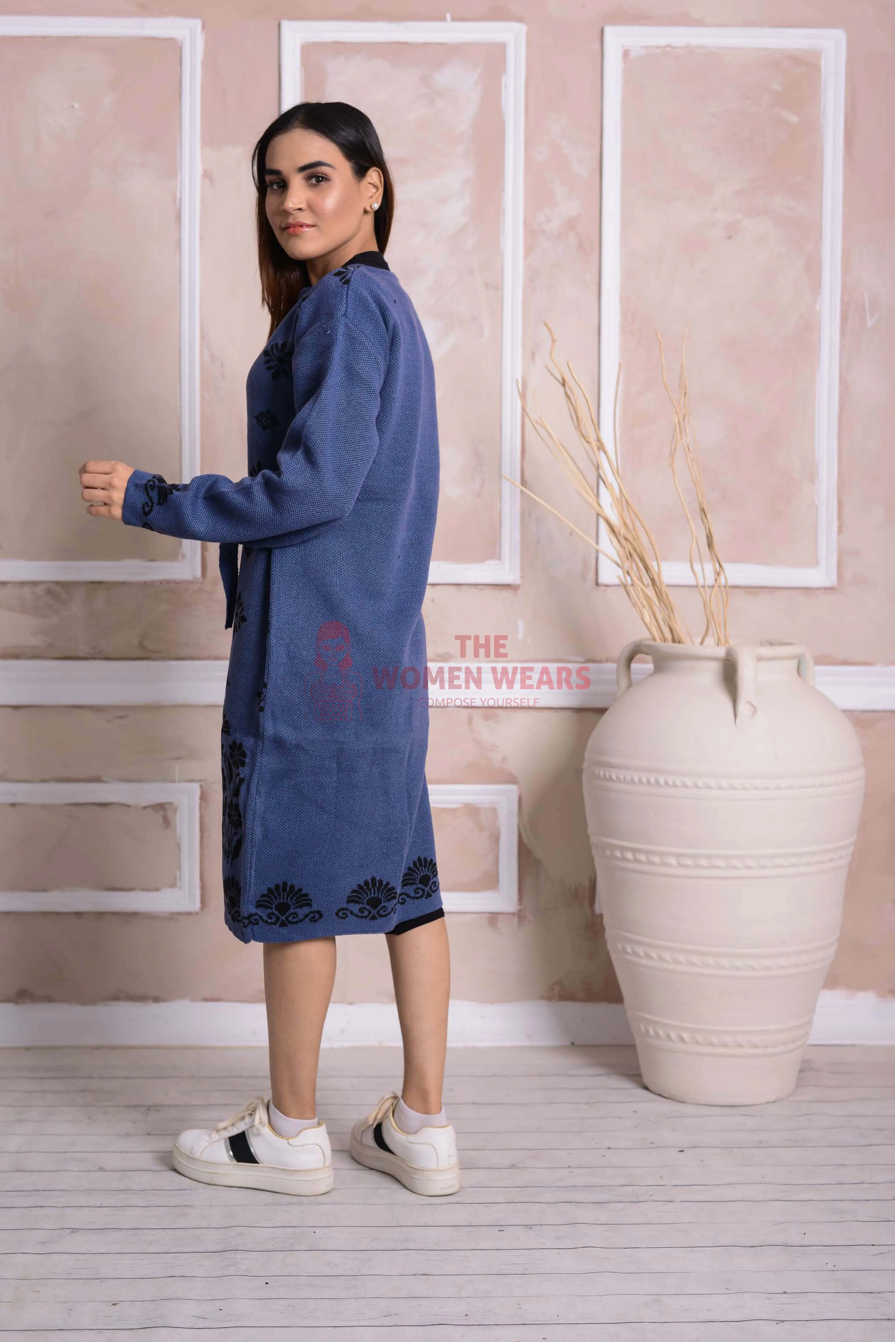 Imported Front Open Kashmir Blue Cozy Belted Cardigan Sweater - (CGN36)