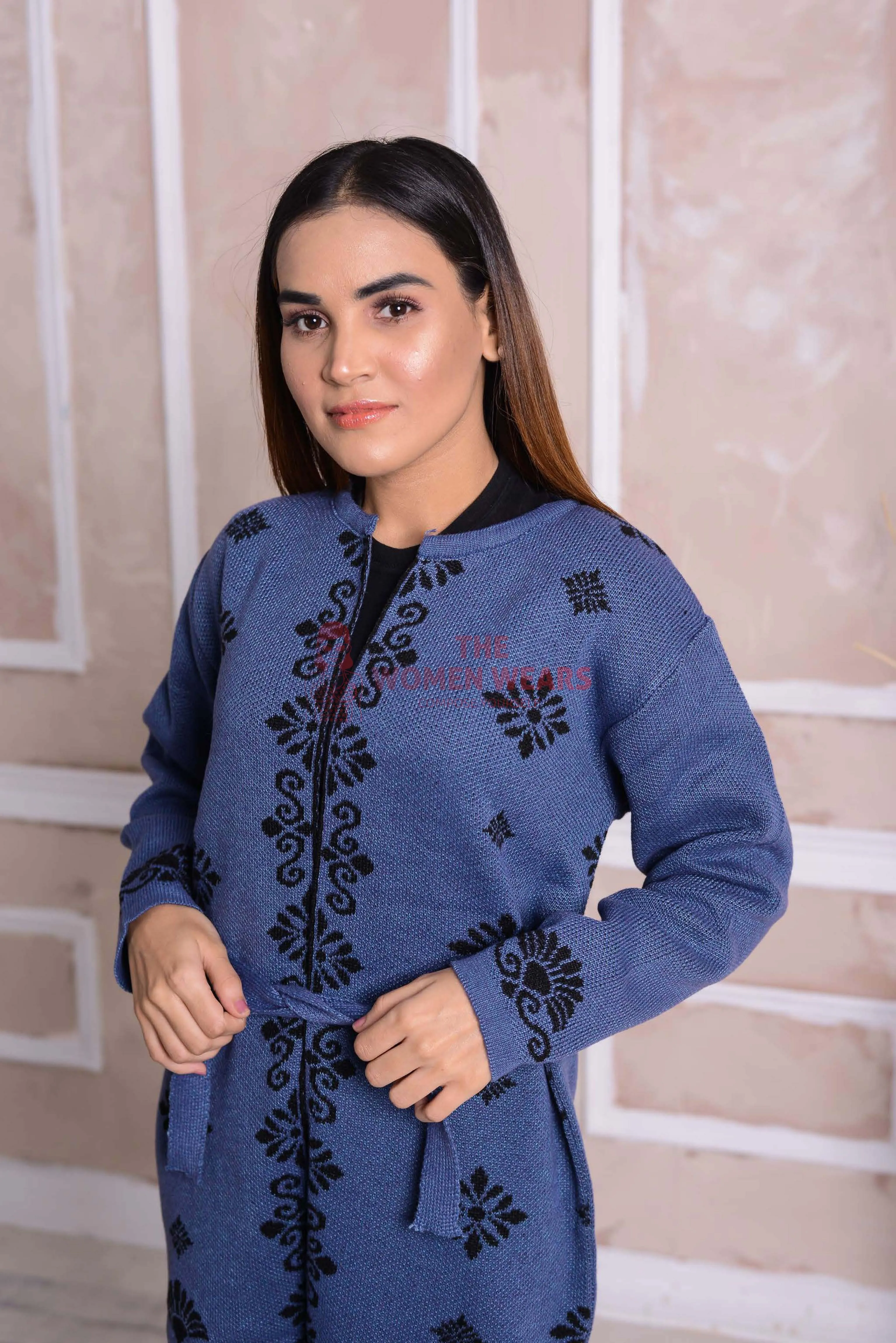 Imported Front Open Kashmir Blue Cozy Belted Cardigan Sweater - (CGN36)