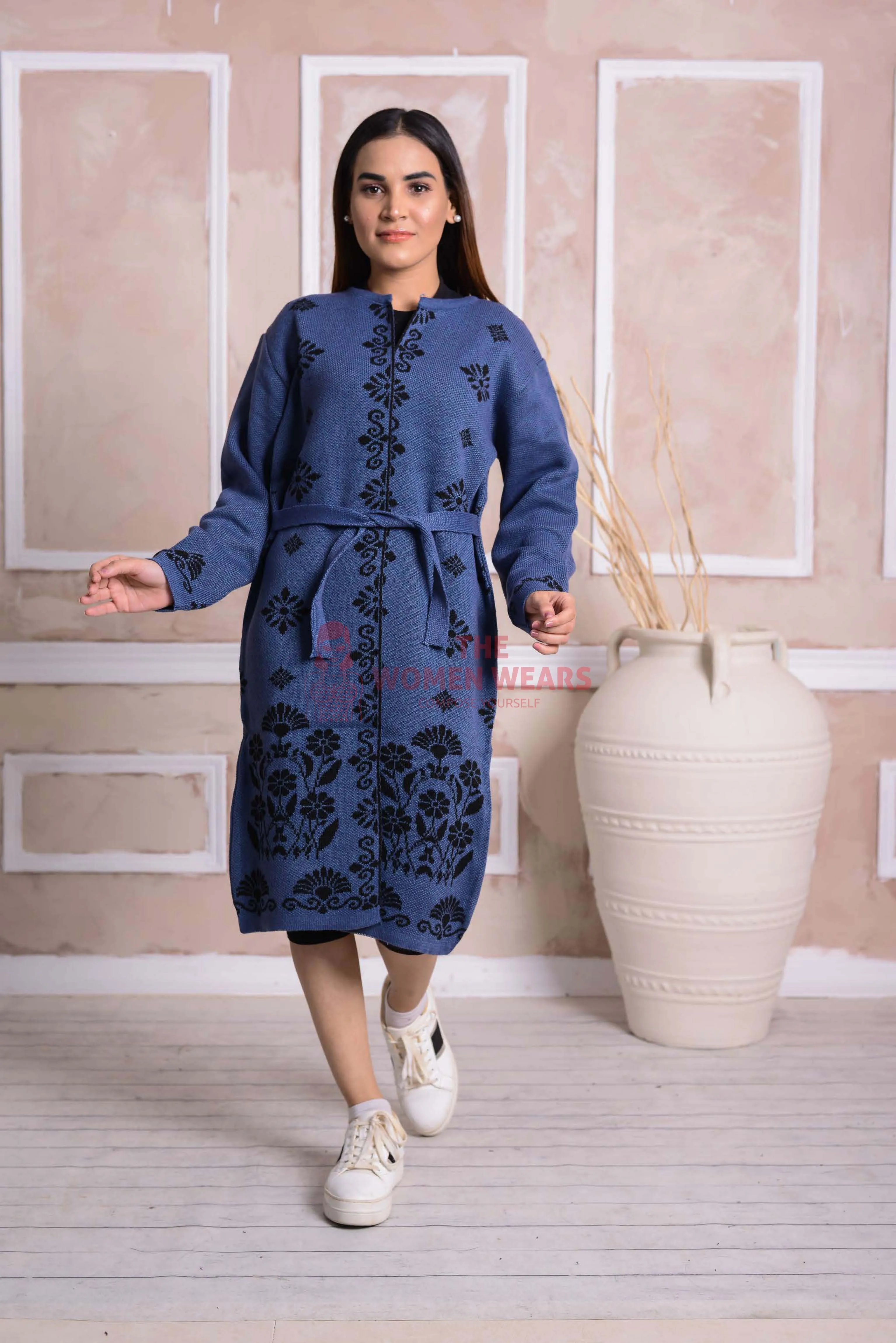 Imported Front Open Kashmir Blue Cozy Belted Cardigan Sweater - (CGN36)
