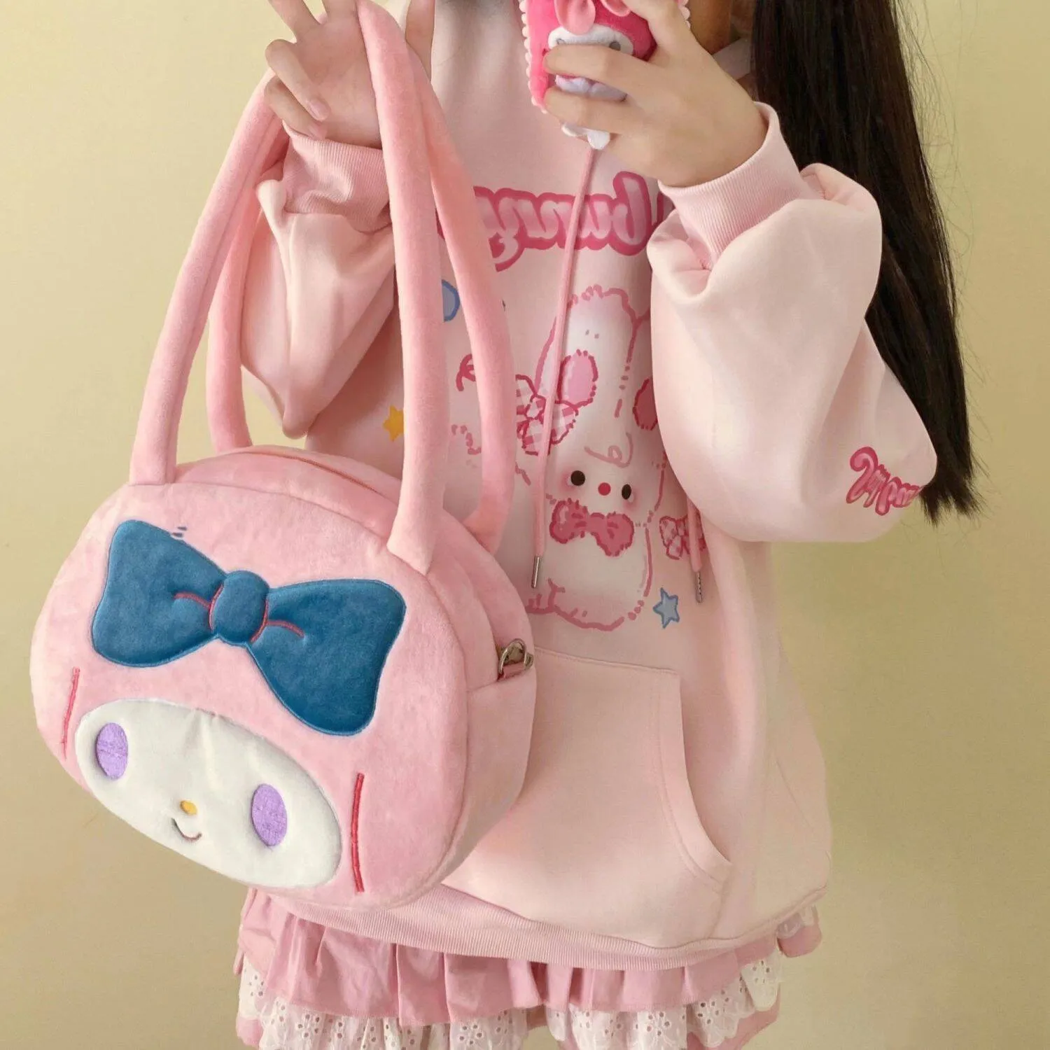 Kawaii Pink Bunny Print Hoodie