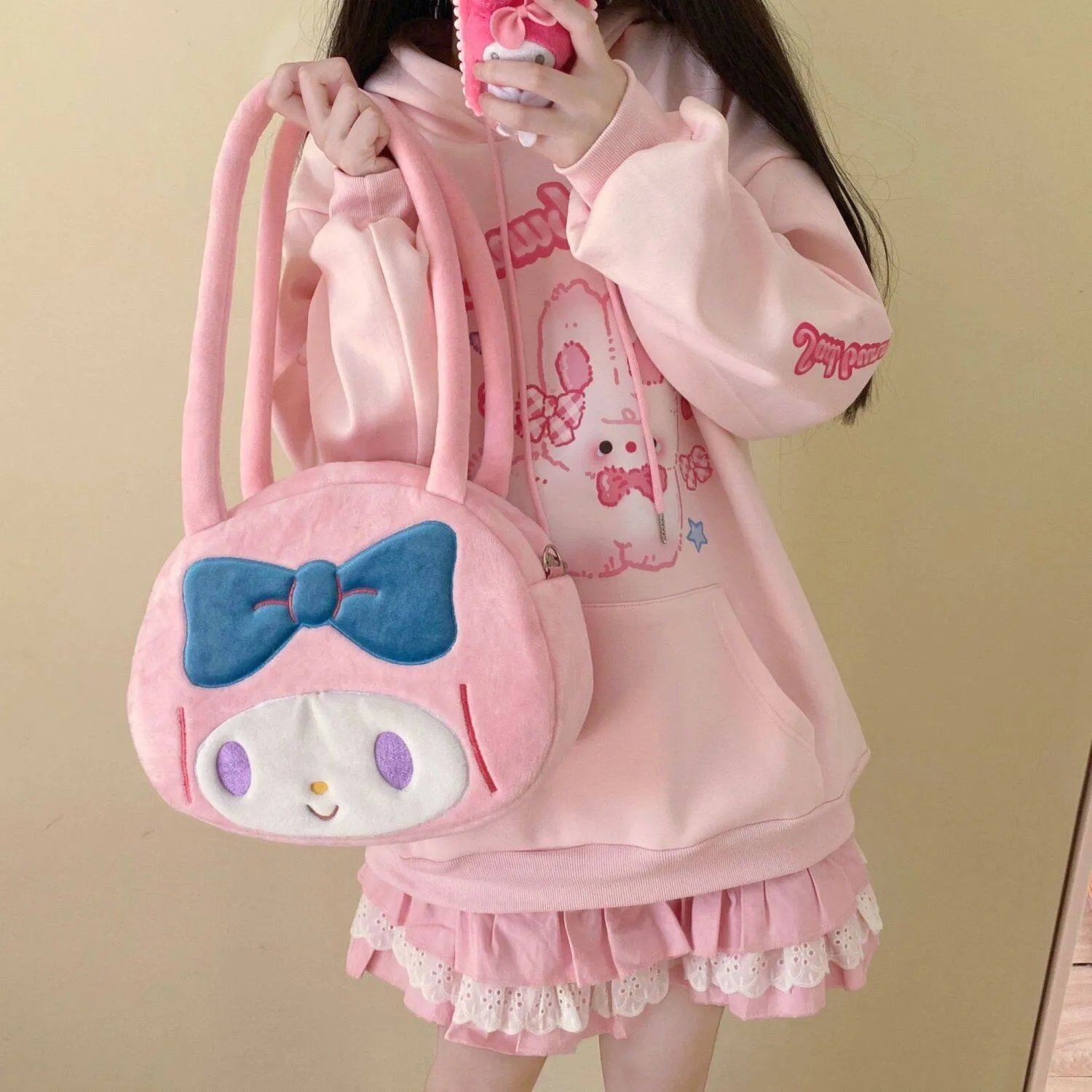 Kawaii Pink Bunny Print Hoodie