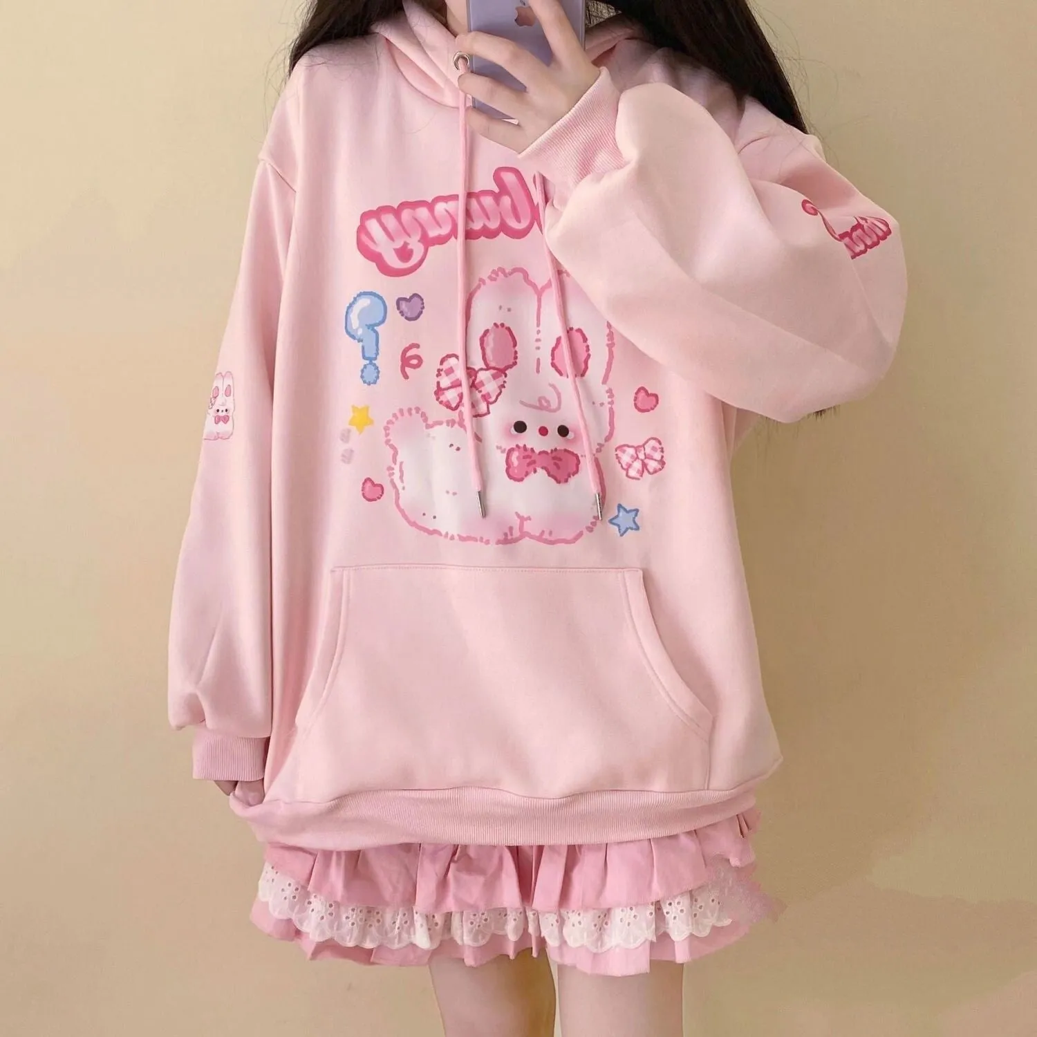 Kawaii Pink Bunny Print Hoodie