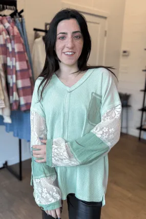 Lace Sleeve Knit Top in Sage