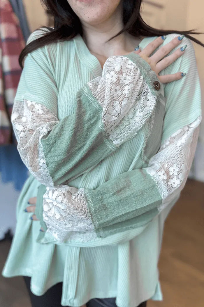 Lace Sleeve Knit Top in Sage