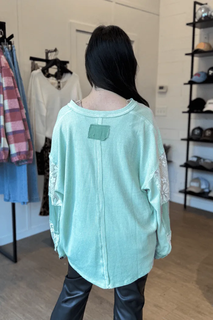 Lace Sleeve Knit Top in Sage
