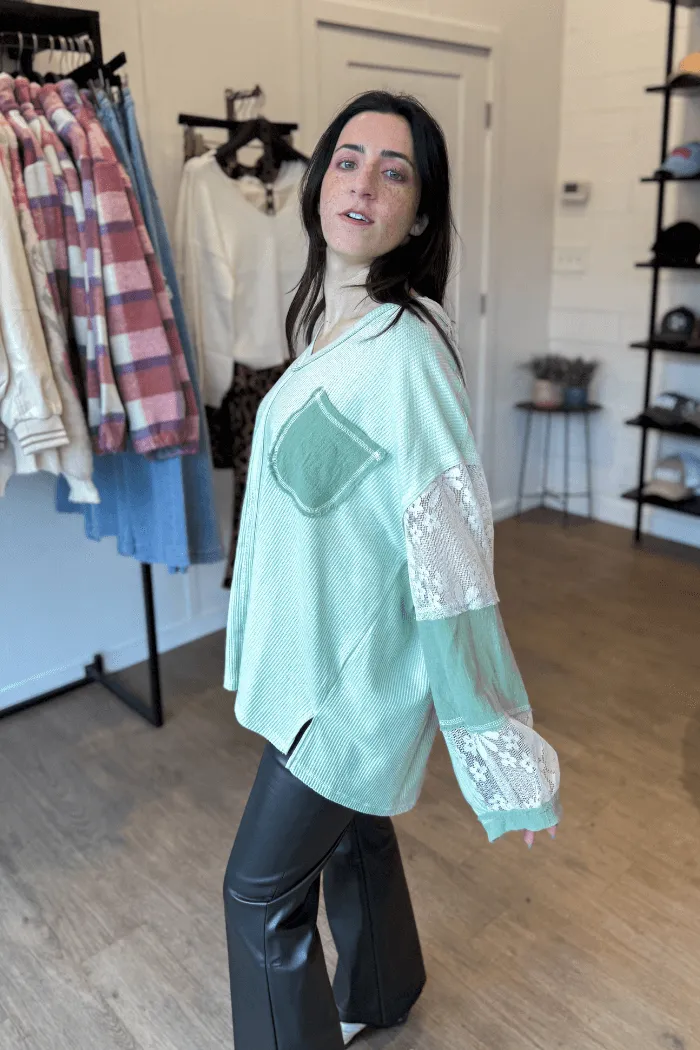 Lace Sleeve Knit Top in Sage